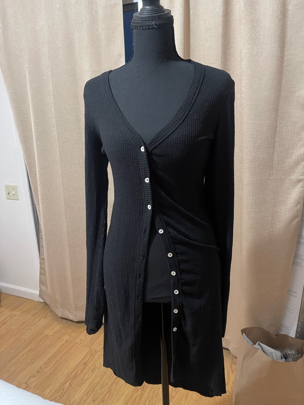 Black Long Sleeve Ribbed Button-Front Women's Top